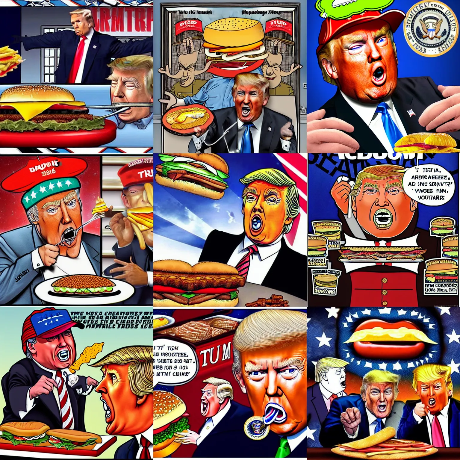 Prompt: David Dees Conspiracy Image featuring Donald Trump eating cheeseburgers