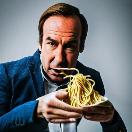 Image similar to saul goodman eating spaghetti, ( sony a 7 r iv, symmetric balance, polarizing filter, photolab, lightroom, 4 k, dolby vision, photography awardm, voque, perfect face )