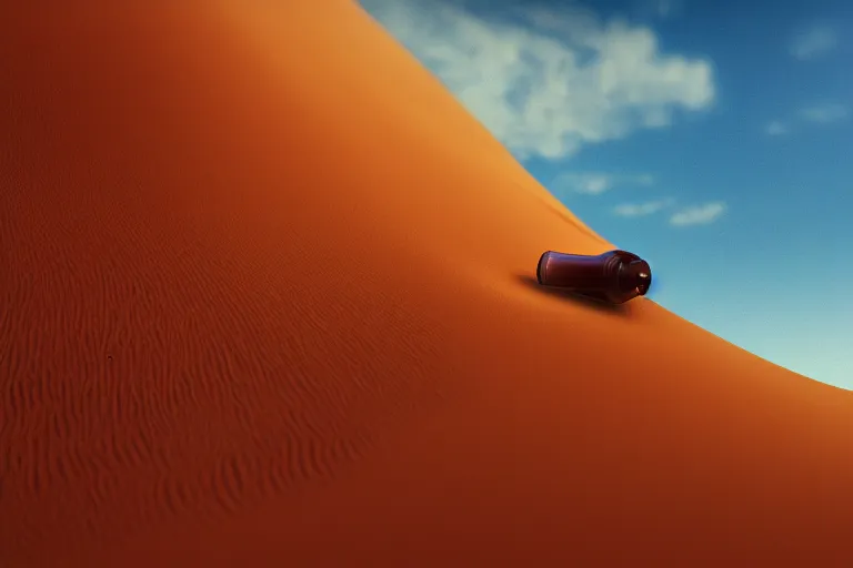 Prompt: perfume bottle buried in a sandy dreamy dune, marmelade orange colors, dramatic, mid day, sand dune background, large scale, hyperrealistic, lots of detail, realistic lighting, octane render, by wlop, artgerm, trending on artstation