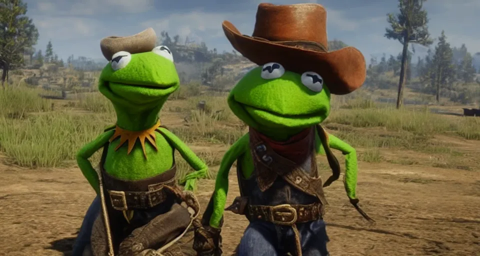 Image similar to Screenshot of Kermit the Frog as a 3d cowboy in full cowboy attire in the videogame 'Red Dead Redemption 2'. Sharpened. 1080p. High-res. Ultra graphical settings.