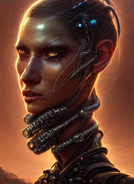 Prompt: closeup portrait shot of a cyberpunk warrior in a scenic dystopian environment, intricate, elegant, highly detailed, centered, digital painting, artstation, concept art, smooth, sharp focus, illustration, artgerm, tomasz alen kopera, peter mohrbacher, donato giancola, joseph christian leyendecker, wlop, boris vallejo