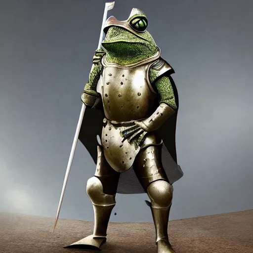 Prompt: frog knight in medieval armor, 8k, highly detailed, full portrait, professional painting,