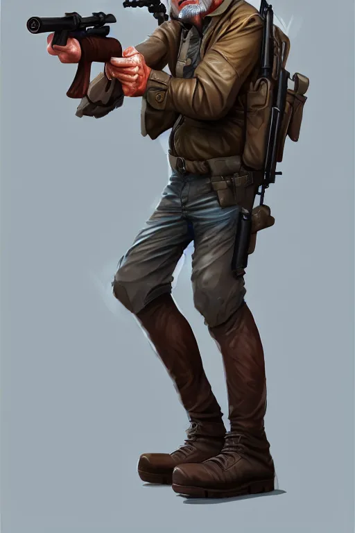 Prompt: sniper! middle age man, holding gun, full height, head neck body hand legs boots, correct anatomy, high angle, centered, by artgerm, arcane colors, white background