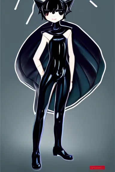 Image similar to little boy in black latex suit with cape an cat ears, artwork made by ilya kuvshinov