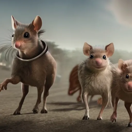Image similar to 3 blind mice in cinematic race with horses of the apocalypse
