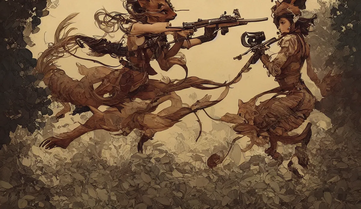 Image similar to a beautiful, dynamic illustration of an anthropomorphic fox - woman running and gunning with a winchester rifle, wild west theme, focal depth, highly detailed, art by joseph leyendecker, peter mohrbacher, ruan jia, marc simonetti, ayami kojima, cedric peyravernay, alphonse mucha, victo ngai,