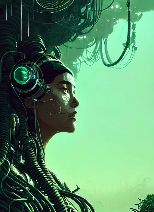 Image similar to highly detailed portrait of a biopunk cyborg long wavy dark hair tribal lady, stray wiring by atey ghailan, james gilleard, by joe fenton, by greg rutkowski, by greg tocchini, by kaethe butcher, 4 k resolution, gradient green, black and white color scheme!!! ( ( forested robotic dense jungle background ) )