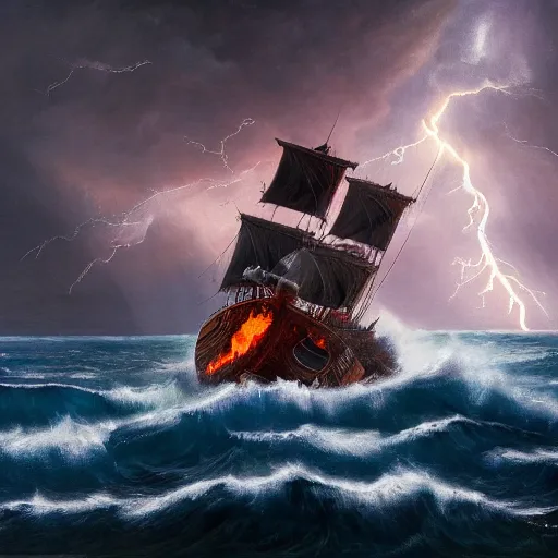 Prompt: A burning pirate ship on a stormy sea getting struck by lightning, oil painting, high detail, godrays, smooth, sharp, 4k, dramatic lightning, bloom, gloomy