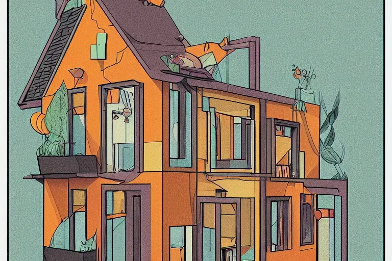 Image similar to a beautiful flat 2 dimensional illustration of a cross section of a house, view from the side, a storybook illustration by muti, colorful, minimalism, featured on dribble, behance hd, dynamic composition