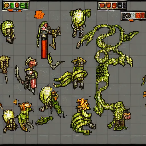 Image similar to sprite atlas, dungeon crawler, enemies, monsters, weapons and items, transparent background