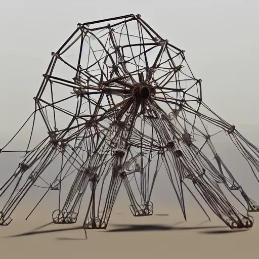 Prompt: strandbeest the size of a mountain made of wicked glinting steel trampling over a land of dusty grey, photo realistic, 8 k, trending on artstation