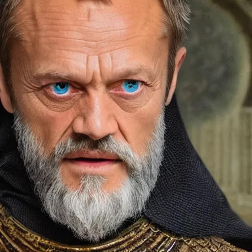 Image similar to donald tusk in medieval times look like merlin magic spells costume high details cinematic mood