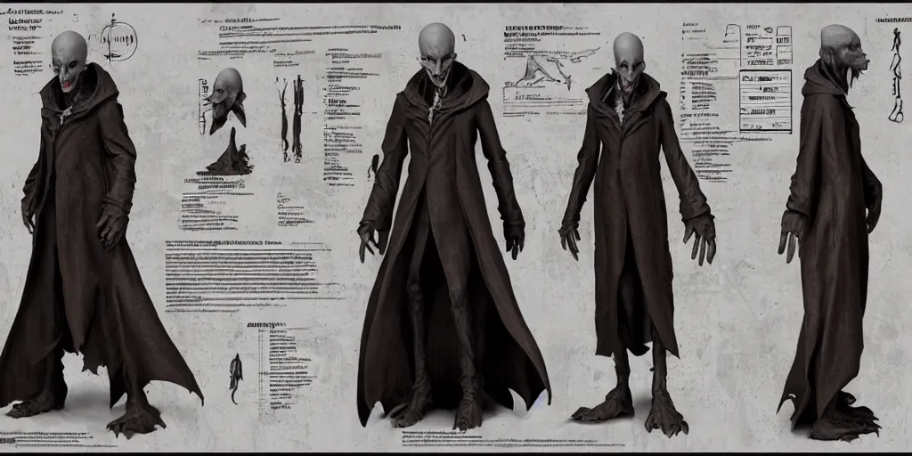 Image similar to nosferatu, character sheet, concept design, contrast, hot toys, kim jung gi, greg rutkowski, zabrocki, karlkka, jayison devadas, trending on artstation, 8 k, ultra wide angle, pincushion lens effect