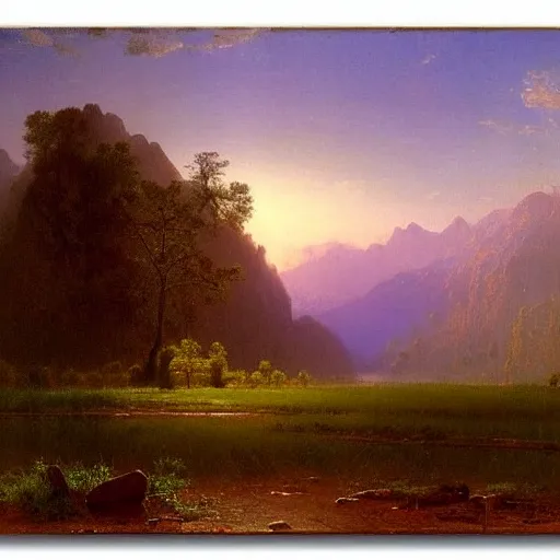 Prompt: scenic landscape of a valley at dawn, Albert Bierstadt, inspiring, realistic painting