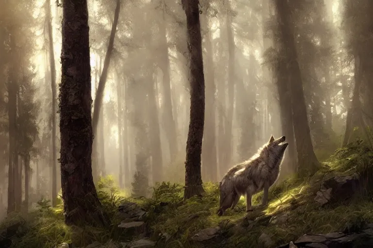 Image similar to wolf in the forest, stylized, sunlit, paint texture, digital painting, highly detailed, artstation, sharp focus, illustration, concept art, ruan jia, charlie bowater, tom bagshaw, norman rockwell