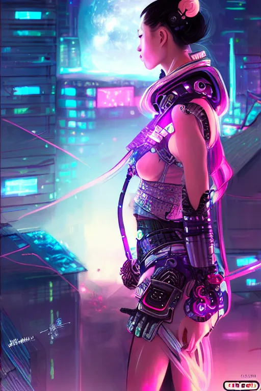 Image similar to portrait futuristic fabulous cyberpunk female samurai, in futuristic starlight galaxy tokyo rooftop cyberpunk night, ssci-fi, fantasy, intricate, very very beautiful, elegant, neon light, highly detailed, digital painting, artstation, concept art, soft light, hdri, smooth, sharp focus, illustration, art by tian zi and craig mullins and WLOP and alphonse mucha