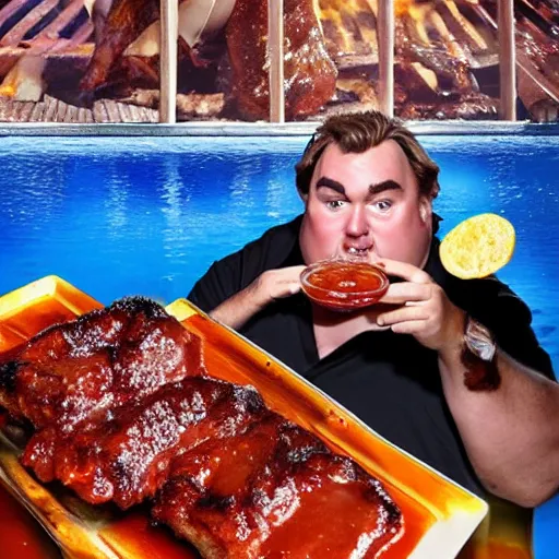 Prompt: john candy floating in pool of bbq sauce, holding up drink of bbq sauce, beckoning camera, drink rested on belly, bbq sauce heaven