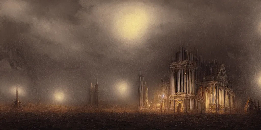 Image similar to A highly detailed matte painting of a twisted pipe organ in a storm at night, fog, rain, volumetric lighting, imax render, 8K resolution, trending on artstation, style of alan lee and john howe