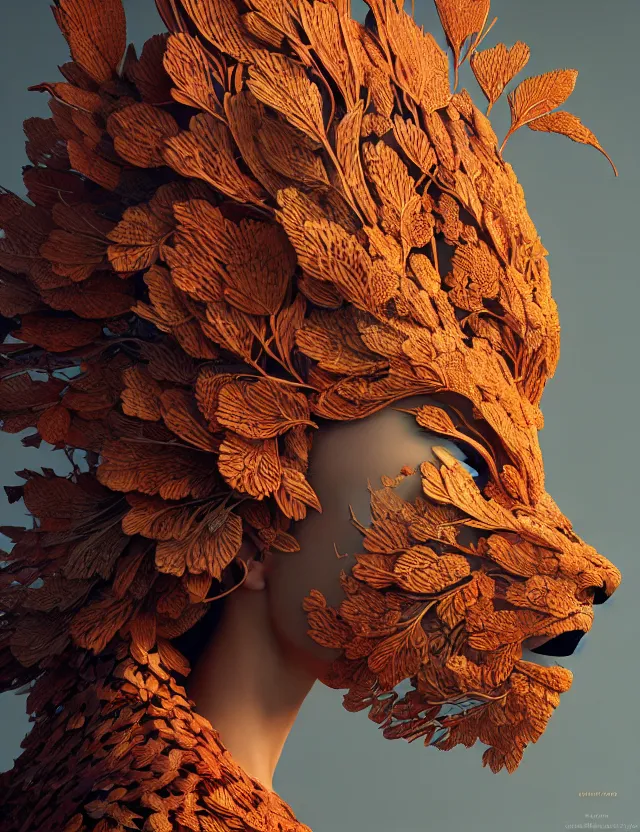 Image similar to 3 d goddess close - up profile portrait of alicia vikander wearing a beautiful intricately detailed japanese autumn fox mask, fall leaves, phoenix, dried plants, wind, creature, artwork by tooth wu and wlop and beeple and greg rutkowski