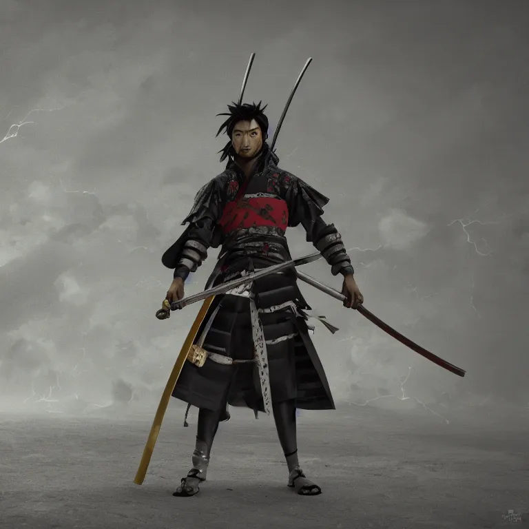 Image similar to samurai standing at the entrance to meifumado, while holding a lightning-katana, seeking vengeance against those who killed his master, matte painting by shirow masamune and hiyao miyazaki, hyperrealism, 4k, 8k, uhd, rtx on, nvidia, unreal engine, octane render, trending on deviantart