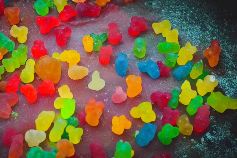 Prompt: Bali vacation photo of a group of gummy bears being swept up into a tornado 55mm