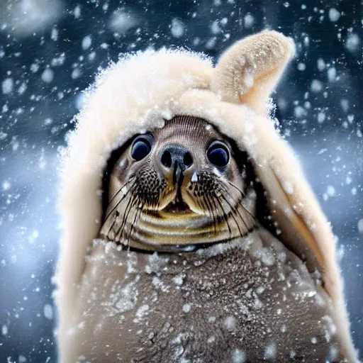 Image similar to photorealistic hd baby harpy seal with bunny ears in the snow, cute, arctic tundra, cold, high quality