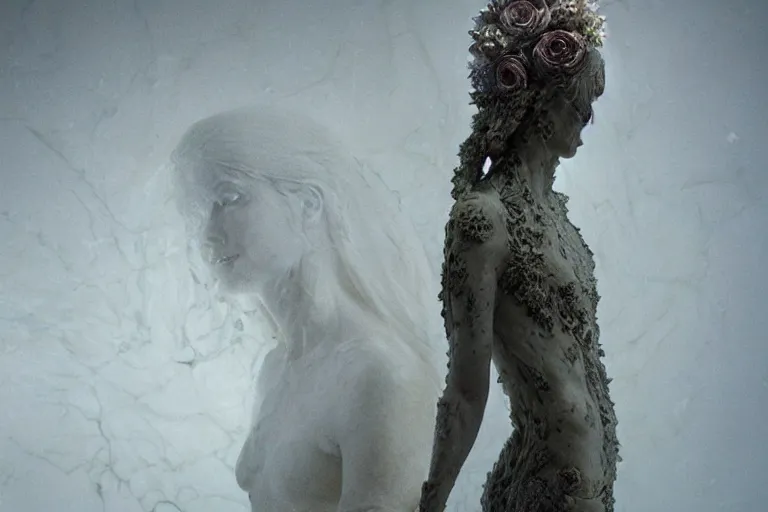 Image similar to a sculpture of a beautiful woman with flowing tears, fractal flowers on the skin, intricate, a marble sculpture by nicola samori, behance, neo - expressionism, marble sculpture, apocalypse art, made of mist, still frame from the prometheus movie by ridley scott with cinematogrophy of christopher doyle, arri alexa, anamorphic bokeh, 8 k