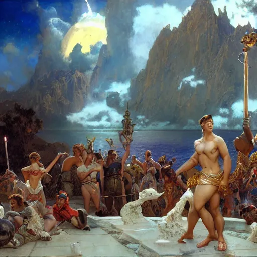 Prompt: limbo party on mount olympus matte painting gaston bussiere, craig mullins, j. c. leyendecker