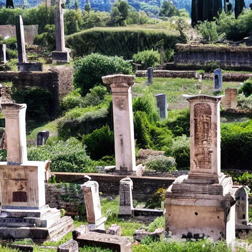 Prompt: Filmed photo of Rome necropolis, with japanese symbolic