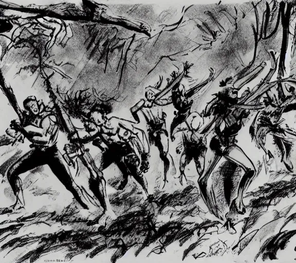Image similar to four adventurers are chased through the woods, by a group of mantis men, pen and ink, by frank Frazetta