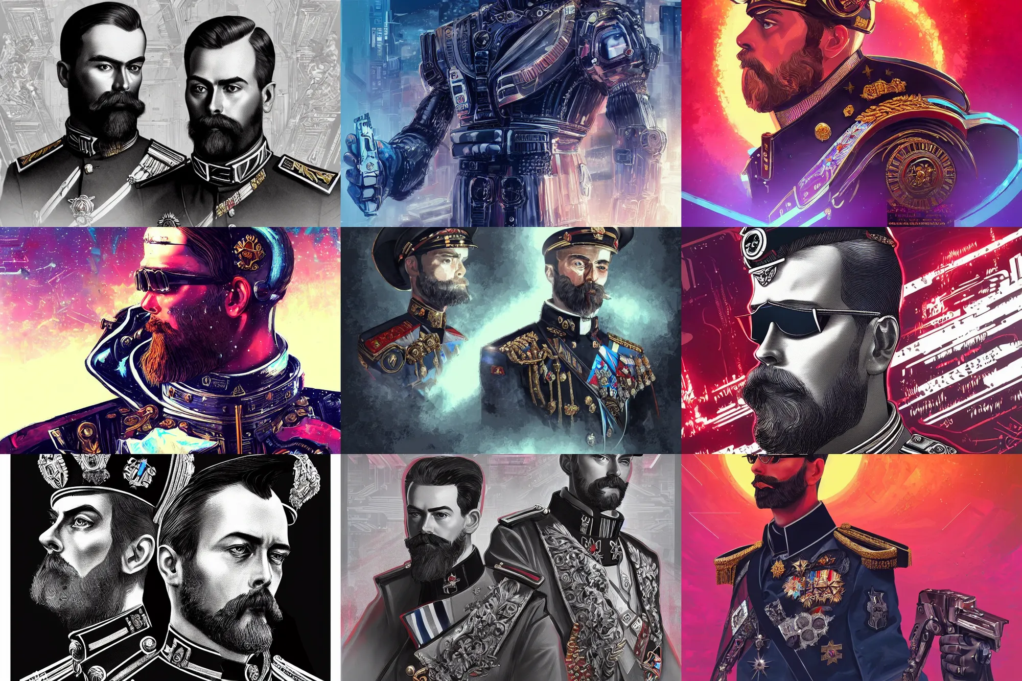 Prompt: Nicholas II of Russia, cyberpunk, synthwave, ornate, digital art, illustration, artstation, youtube, full body, wide angle, Schwarze Sonne halo