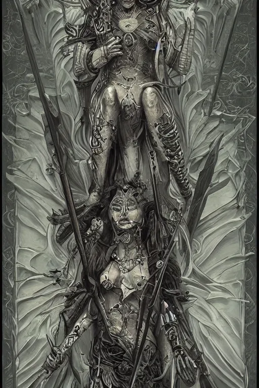 Image similar to Full tarot card, occult, tribal, symbolism, bones, highly detailed, trending on artstation, CGSociety