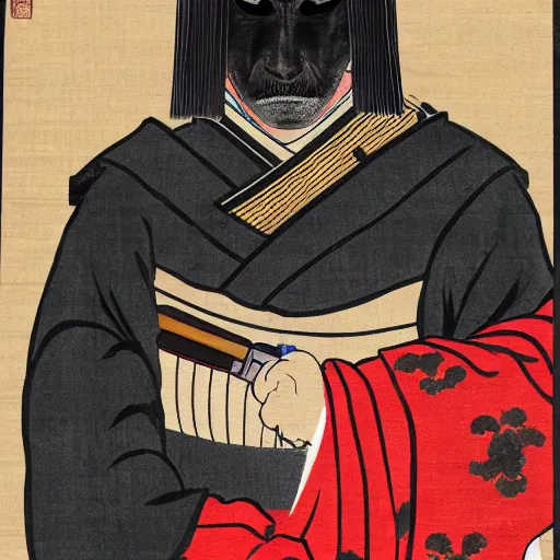 Image similar to joe biden dressed as a samurai in an edo period japanese ink block painting, 4 k, hyper realistic, dslr, high resolution, landscape, beautiful