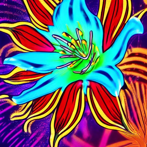 Image similar to a cybertronic, metallic, glowing tiger lily flower, high detail