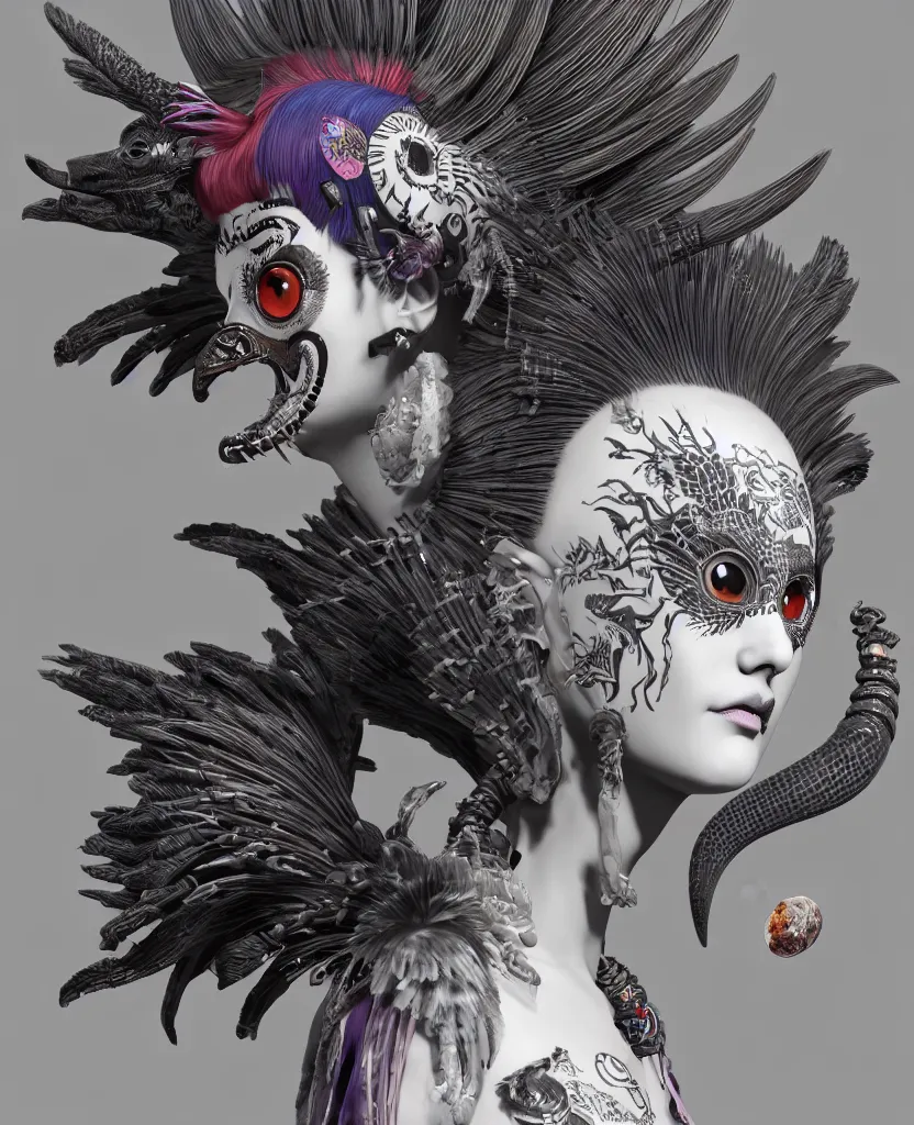 Image similar to 3 d goddess close - up profile portrait punk with mohawk with ram skull. beautiful intricately detailed japanese crow kitsune mask and clasical japanese kimono. betta fish, jellyfish phoenix, bio luminescent, plasma, ice, water, wind, creature, artwork by tooth wu and wlop and beeple and greg rutkowski