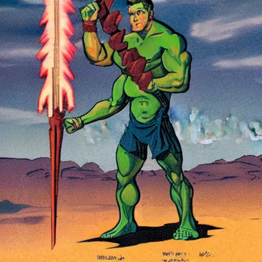 Prompt: muscular martian barbarian, standing on boulder, holding weapon in both hands, science fiction pulp illustration