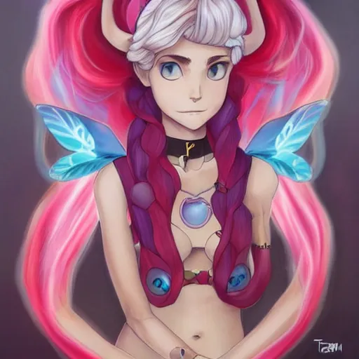 Image similar to Lofi Pokemon original character with wild rose-colored hair and heterochromia, somber, psychic fairy type trainer, Pixar style, by Tristan Eaton Stanley Artgerm and Tom Bagshaw.