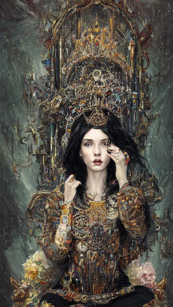 Image similar to painting of a beautiful black haired woman with pale skin and a crown on her head sitted on an intricate metal throne, illustration, artistic, colorful, hyper detailed, in the style of greg rutkowski,