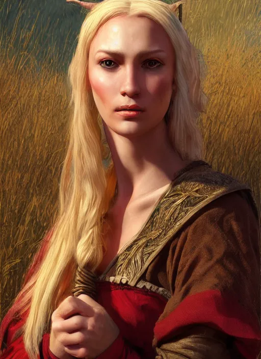 Image similar to blonde peasant woman, fantasy, medieval, vivid colors, fantasy, elegant, concept art, sharp focus, beautiful face!!, digital art, hyper - realistic, 4 k, unreal engine, highly detailed, hd, dramatic lighting by brom, trending on artstation