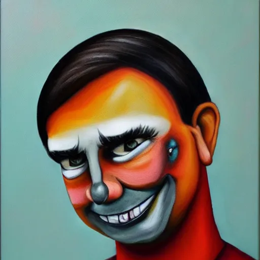 Prompt: oil canvas of jair bolsonaro as a sad clown