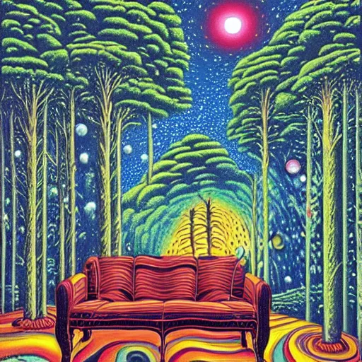 Image similar to psychedelic trippy river pine forest, planets, milky way, sofa, cartoon by rob gonsalves