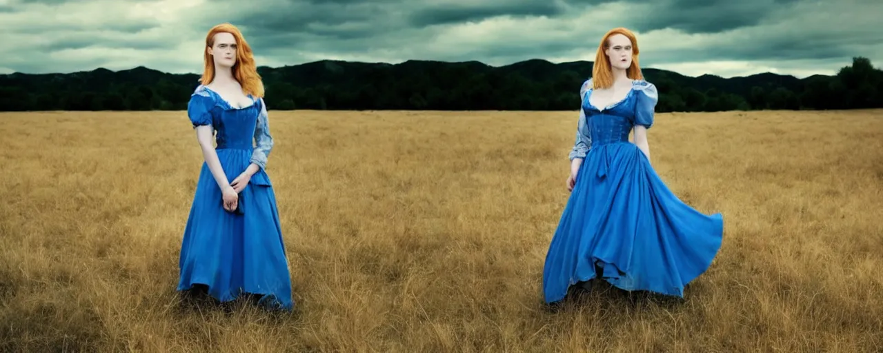 Image similar to evan rachel wood with blonde hair and a maiden blue dress in a field, old west, cinematic lighting, hyperrealistic, one person