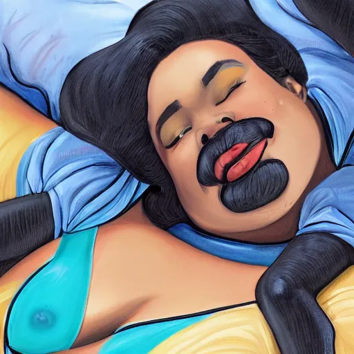 Prompt: stunning, coherent, beautiful painting, still of a giant man taking a picture of beautiful black bbw posing laying down in her bed , she is taking a selfie of the man , 3d, in the style of pixar, comic book cover, 3d, highly detailed, highly detailed, sharp focus, bokeh, depth of field, 16k resolution, Unreal Engine 5, coherent, cinematic lighting, photorealistic, by Zhang Jingna