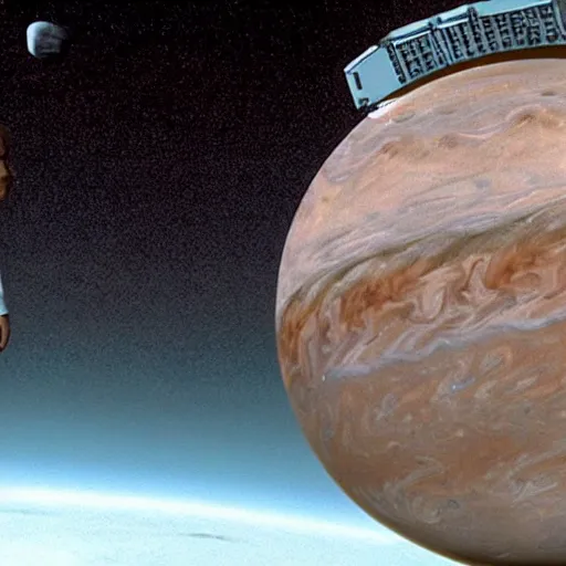 Prompt: movie still of the human president shaking hands with the martian leader on the surface of venus, making peace