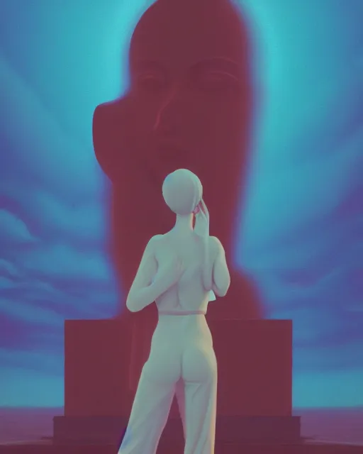 Image similar to a painting of a woman standing in front of a statue, a screenshot by stanley twardowicz, cgsociety, aestheticism, aesthetic, vaporwave, anime aesthetic