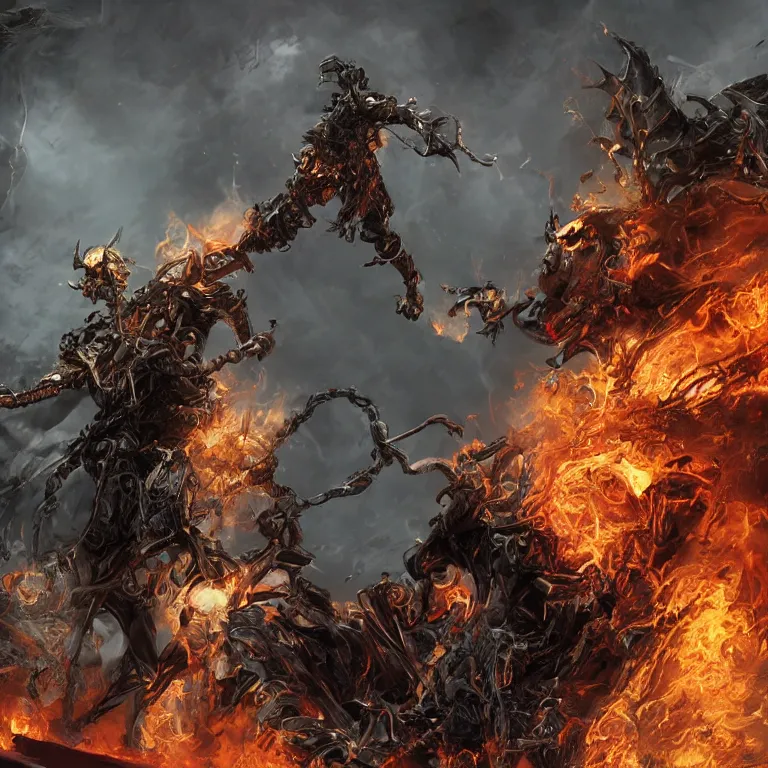 Prompt: Ghost Rider wearing a leather coat and chains, flaming grim reaper, demons of hell, the pits of hell, headshot photo, character concept, dark souls concept art, Feng Zhu concept art, dramatic lighting, highly stylized, trending on artstation, high-quality wallpaper, desktopography