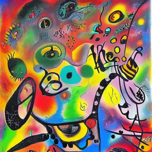 Image similar to masterpiece, black background, psychedelic therapy, artwork by joan miro, trending on ArtStation, ink splatters, pen lines, incredible detail, creative, positive energy, happy, unique, negative space, face, artgerm