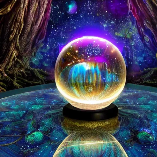 Image similar to a whole universe inside a cosmic crystal ball standing on a mahogany stand on a table in a secret magical forest. Highly detailed, cinematic quality, 8k