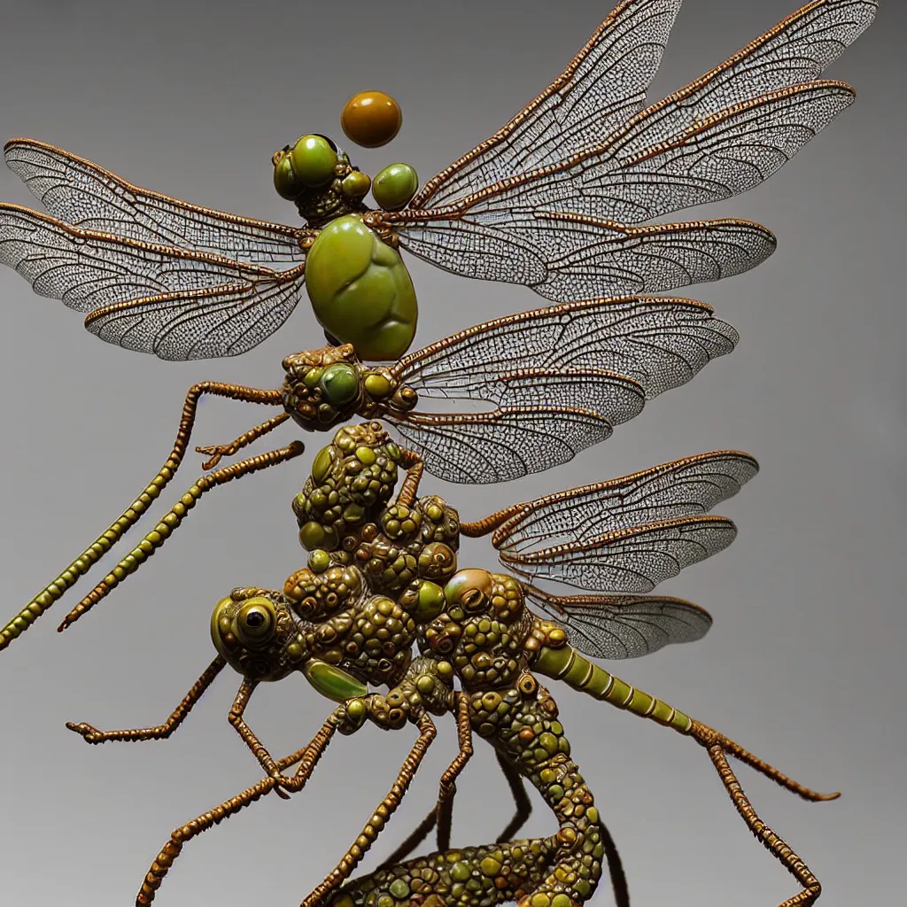 Image similar to A single Close up photo-real delicate ceramic porcelain sculpture of an ornate Dragonfly detailed in front of an intricate background by Victo Ngai and takato yamamoto, micro detail, backlit lighting, face in focus, subsurface scattering, translucent, thin porcelain, octane renderer, colorful, physically based rendering, japanese pottery, trending on cgsociety