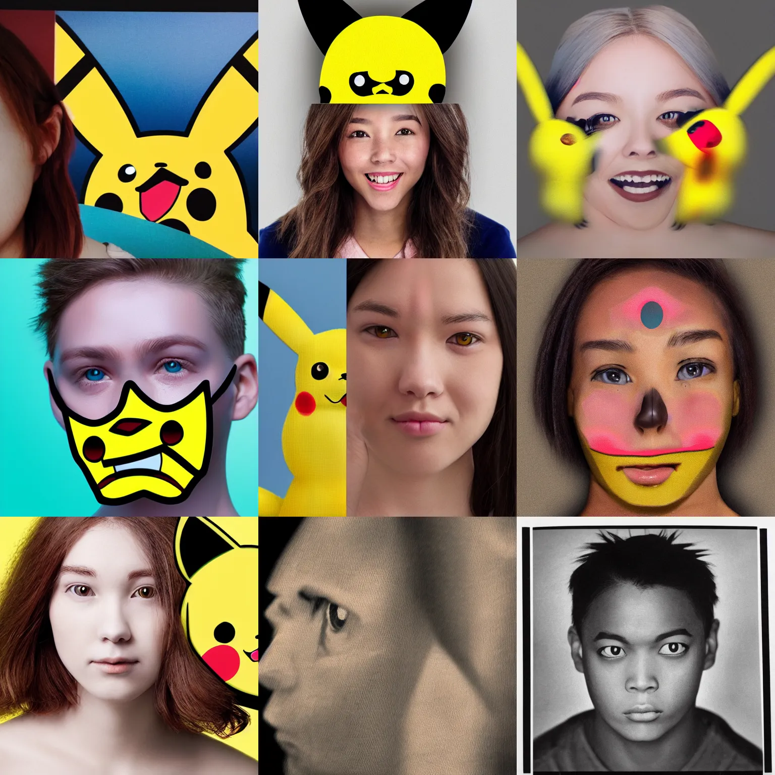 Prompt: color studio photo of a human face with the features of Pikachu